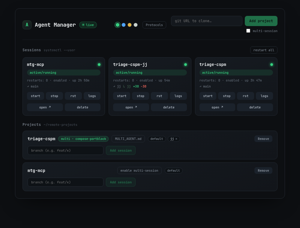 Agent Manager dashboard: three running session cards and a projects panel, one project tagged multi · compose-portblock