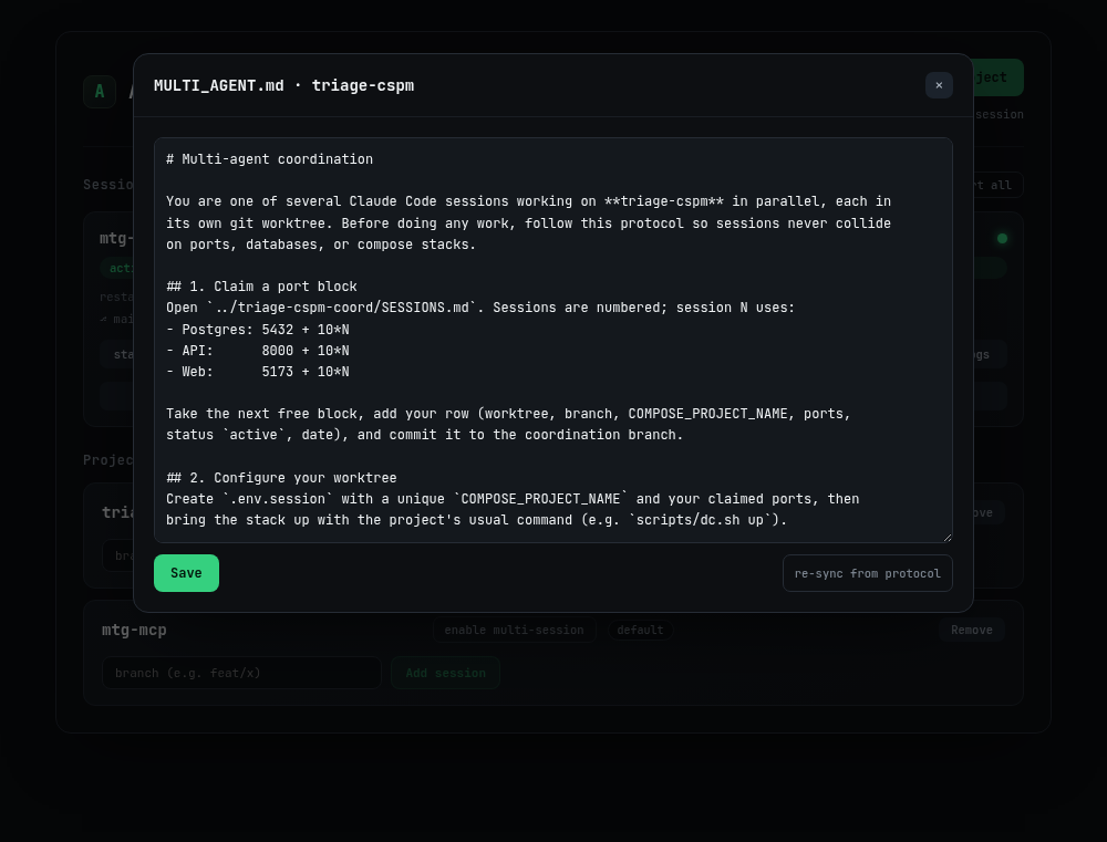A project's rendered MULTI_AGENT.md showing concrete instructions: Postgres 5432 + 10*N, API 8000 + 10*N, Web 5173 + 10*N, and a re-sync from protocol button