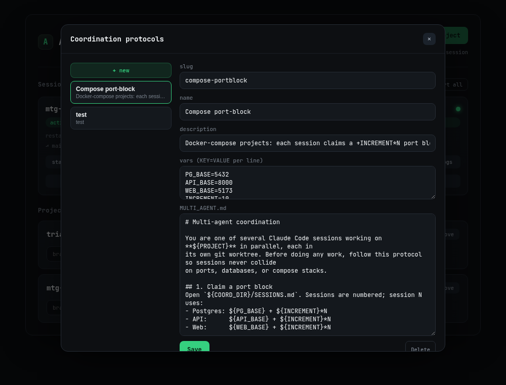 Coordination protocols modal: a list of protocols on the left, and on the right an editor for slug, name, description, template vars, and the MULTI_AGENT.md body with ${VAR} placeholders